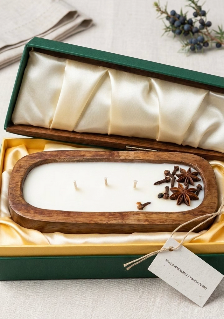 Luxury Spiced 3-Wick Candle in Hand-Carved Wooden Dough Bowl – Premium Gift Set
