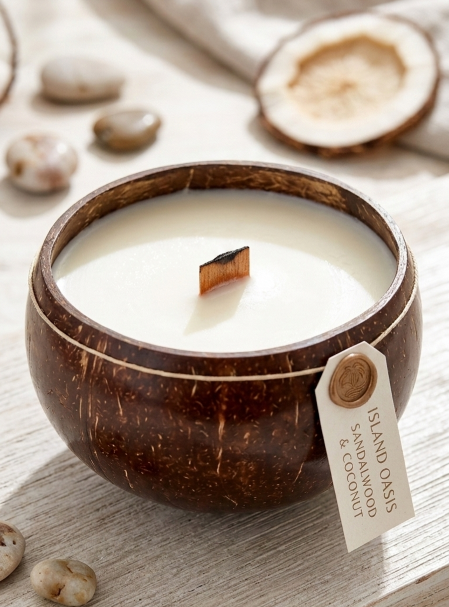 Island Oasis Sandalwood & Coconut Natural Coconut Shell Candle with Wooden Wick