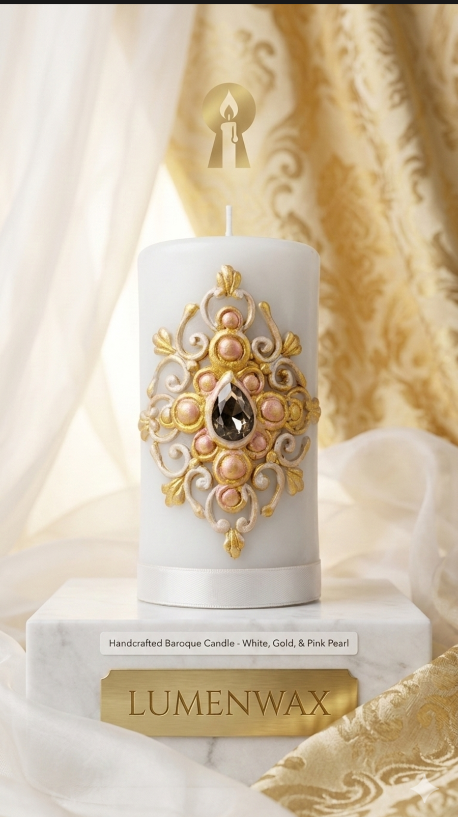Handcrafted Baroque Pillar Candle – White, Gold, & Pink Pearl
